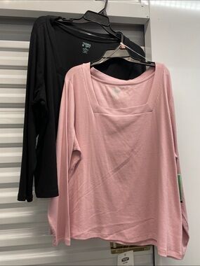 Terra & Sky Ribbed Square-Neck Long Sleeve Top in Dusty Pink and Black